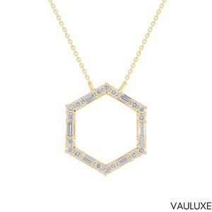 Luxury 18k Yellow Gold Hexagon Round & Baguette Diamond Pendant Stunning Italian